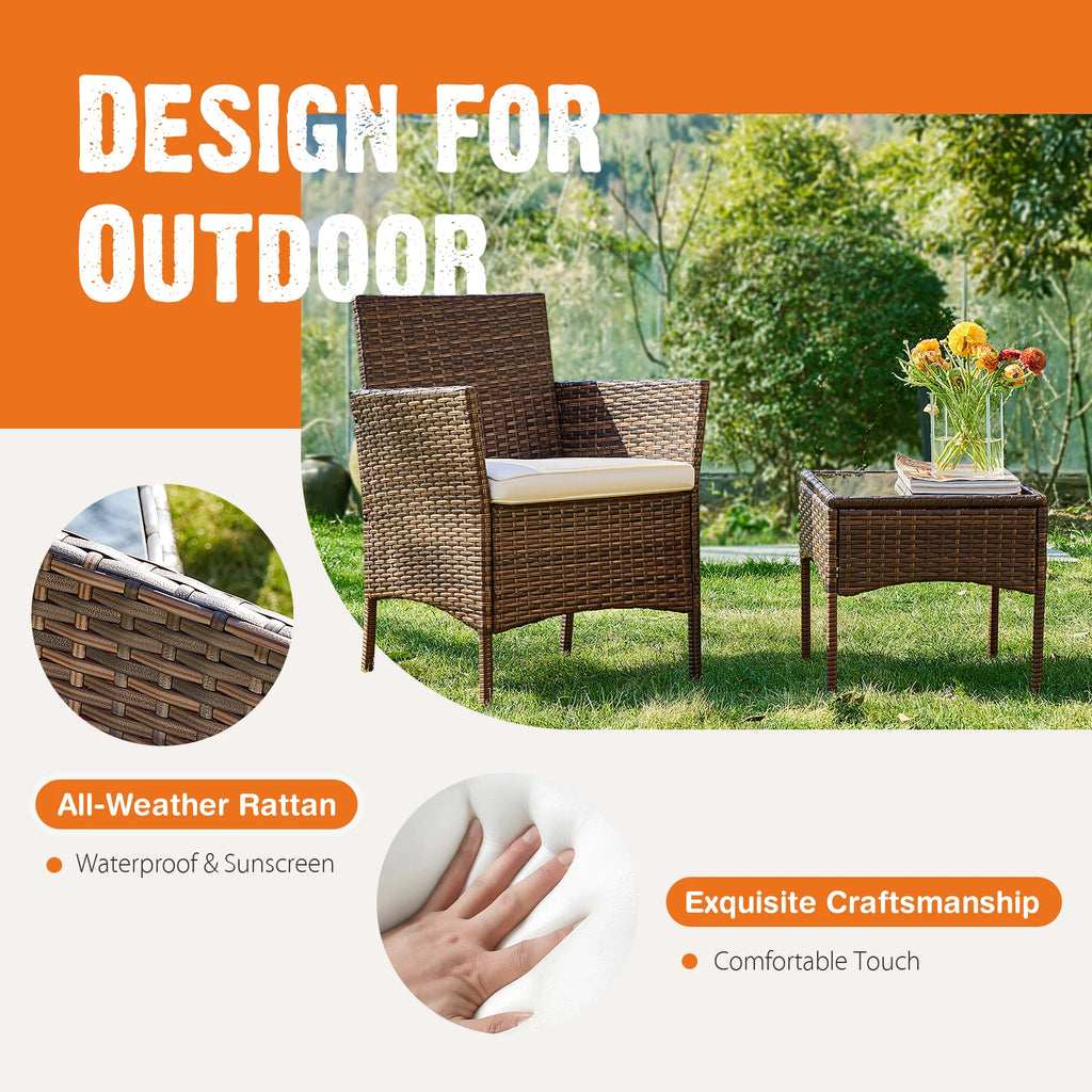 JHK Outdoor Patio Furniture Set 3 Pieces with Soft Cushion and Glass Table Manual Weaving Wicker Rattan Patio Chairs For Garden