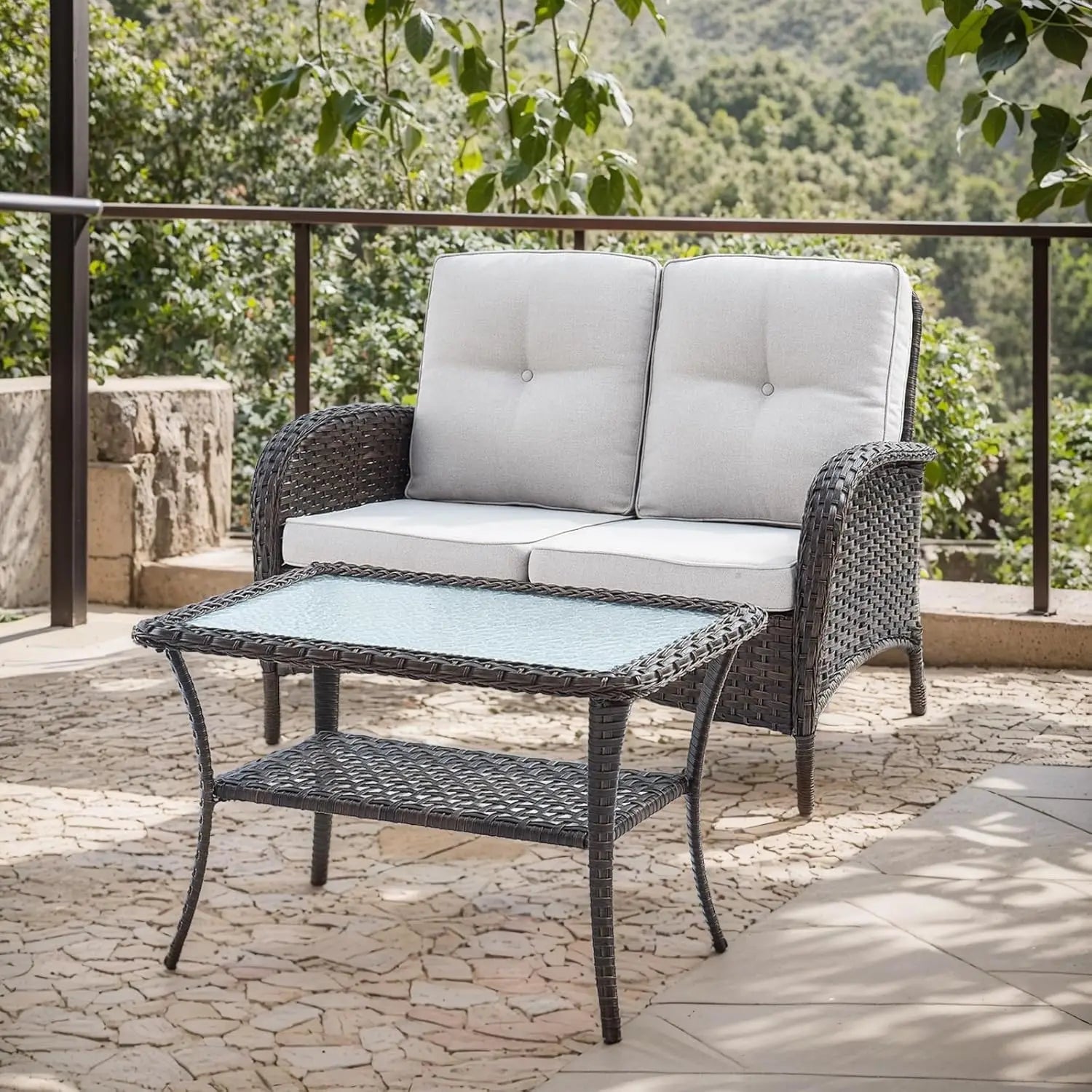 Outdoor Loveseat Sofa 2-Seat PE Wicker Outdoor Couch with Coffee Table, Deep Seat High Back Patio Furniture for Patio, Garden, P