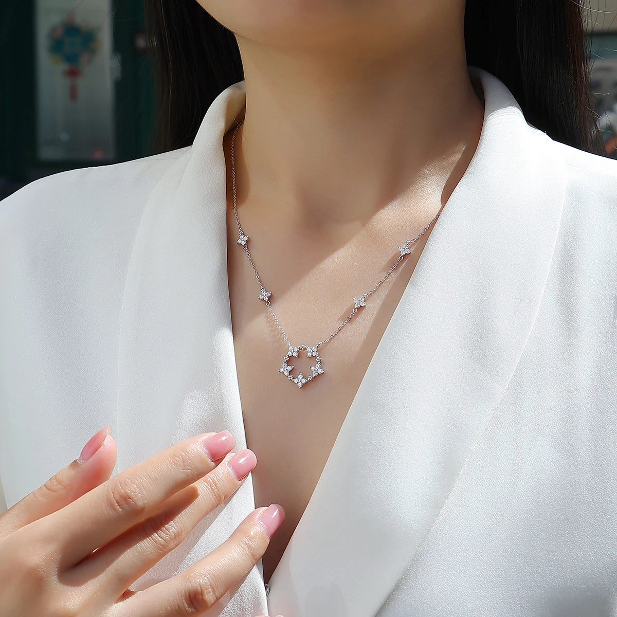 JIUZUAN Star Circle Pendant Necklace 925 Sterling Silver 18K Gold Plated Delicate Jewelry for Women Comes with GRA Certificate