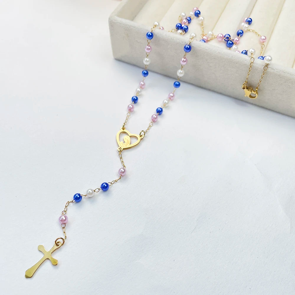 Y Shape Beads Chain Gold Color Stainless Steel Virgin Mary Cross Rosary Pendant Long Necklace Women Girls Jewelry Spiriti Pray