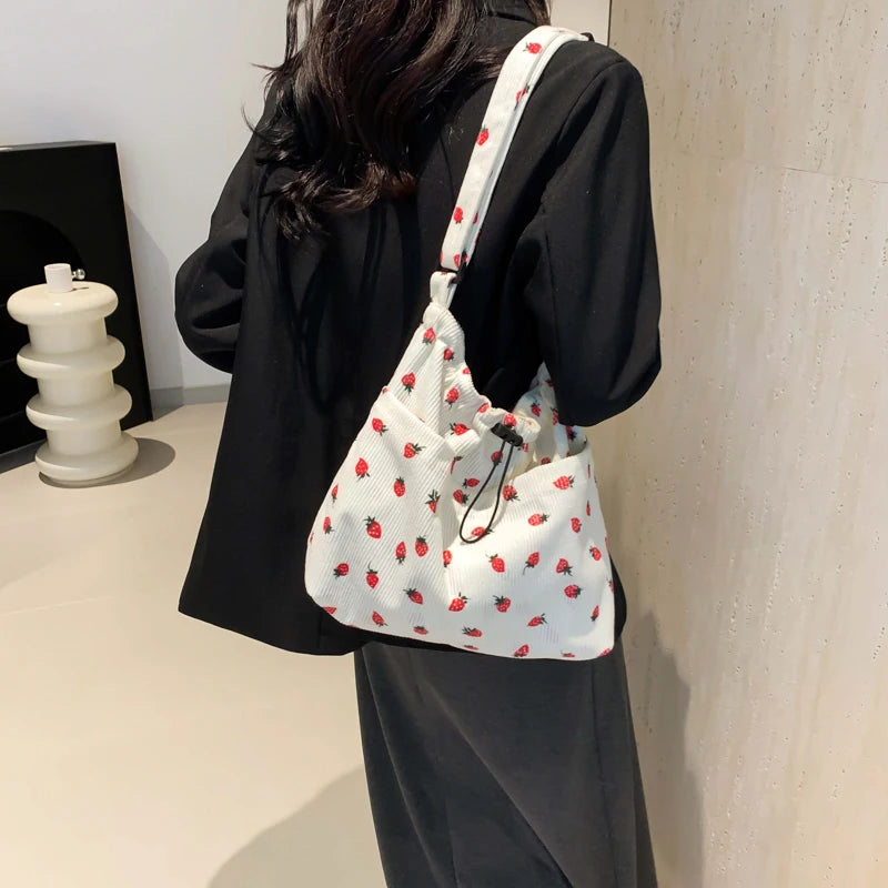 Women Corduroy Shoulder Bag Strawberry Handbag Adjustable Strap Multi-Pocket Work Shopping Bag