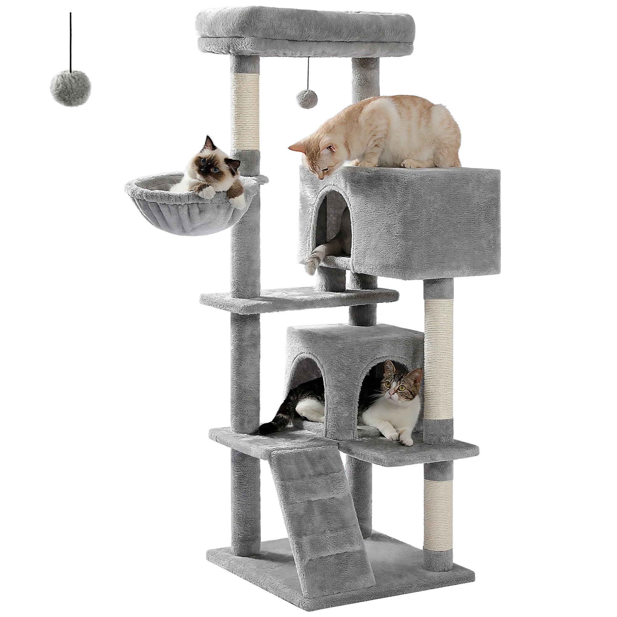 56.3" Cat Tree for Large Cats Adult with Super Large Top Perch Cat Tower with Plush Hammock Dangling Pompom Cat Scratching Post