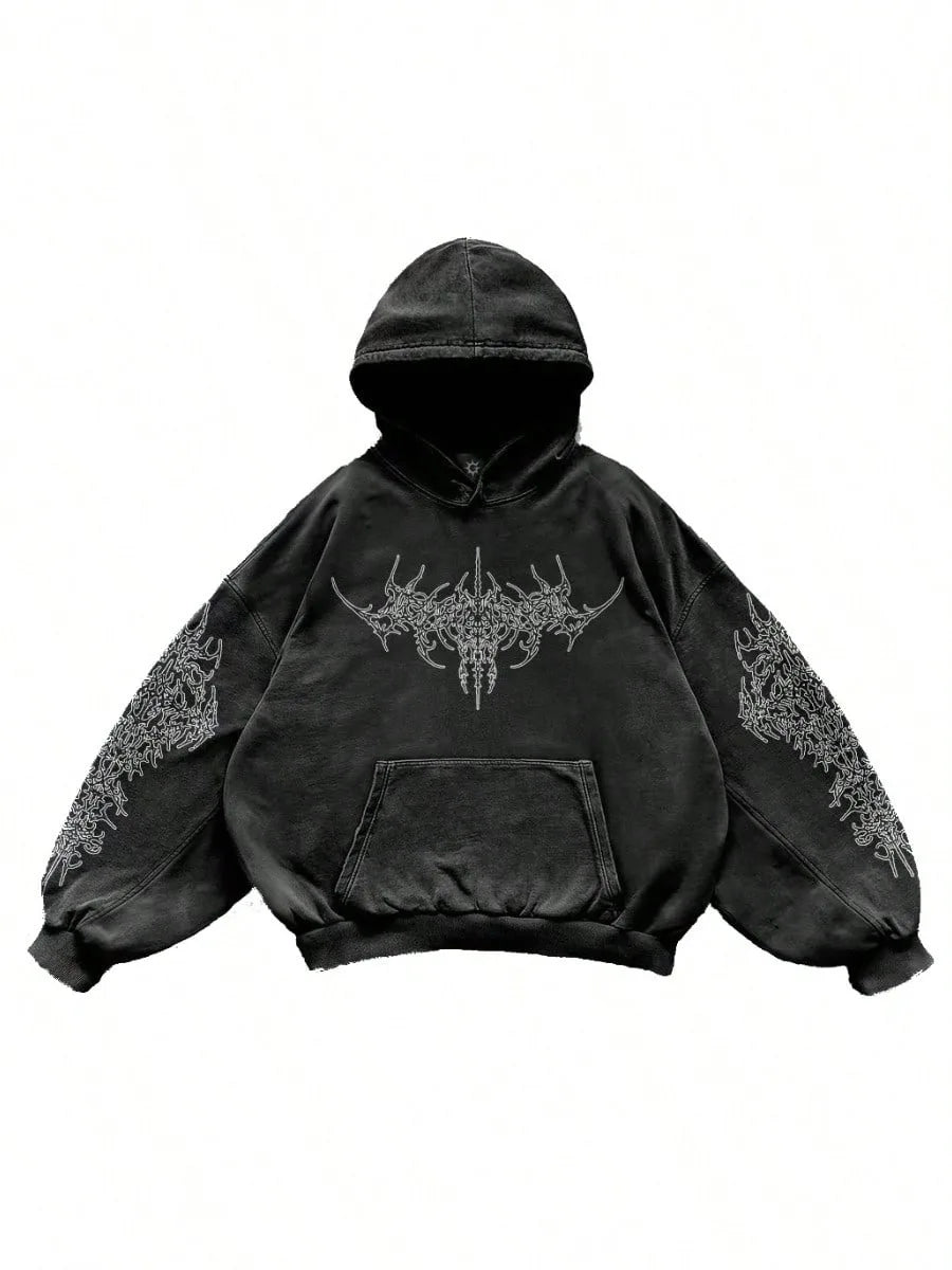 Men's Washed Pattern Printed Hooded Sweatshirt High Street Harajuku Hoodie