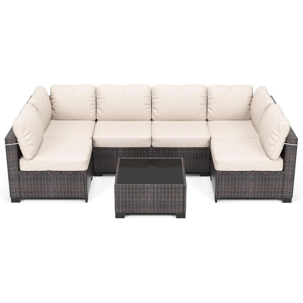 7-Piece Modular Outdoor Furniture Set, PE Rattan Wicker Sectional Modular Conversation Sofa Set, Perfect For Garden Balcony