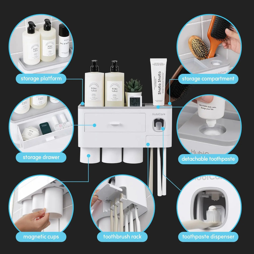 HubiCare Toothbrush Holder with Toothpaste Dispenser Wall Mounted for Bathroom, Automatic Toothpaste Squeezer, Bathroom Organiza