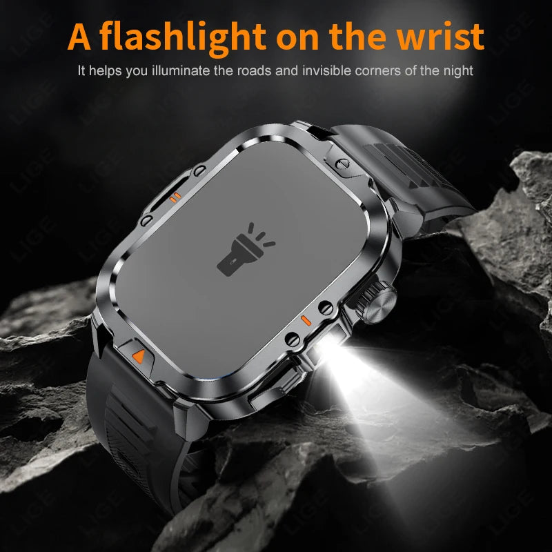 LIGE 2.01-inch HD Screen Men Smart Watch With Flashlight Outdoor Sports Men Watch IP68 Waterproof Health Monitor Call Smartwatch