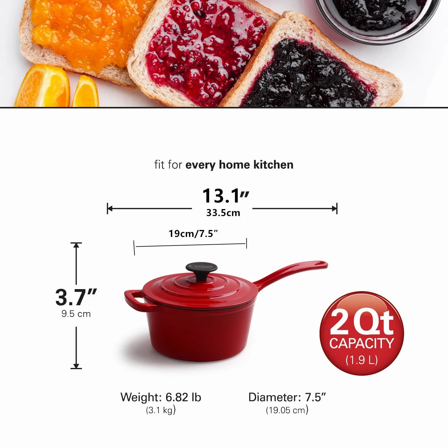 Enameled Cast Iron Saucepan 2 Quart Sauce Pan Nonstick Enamel Coating Pot For Stove Top and Oven Cooking Even Heat Distribution