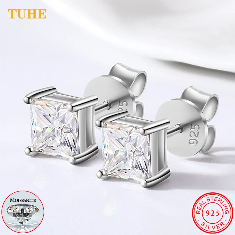 Princess Cut 1-2.4 Ct Moissanite Earrings for Women Men 925 Sterling Silver Sparkling Diamond Ear Studs Fine Party Jewelry Gifts