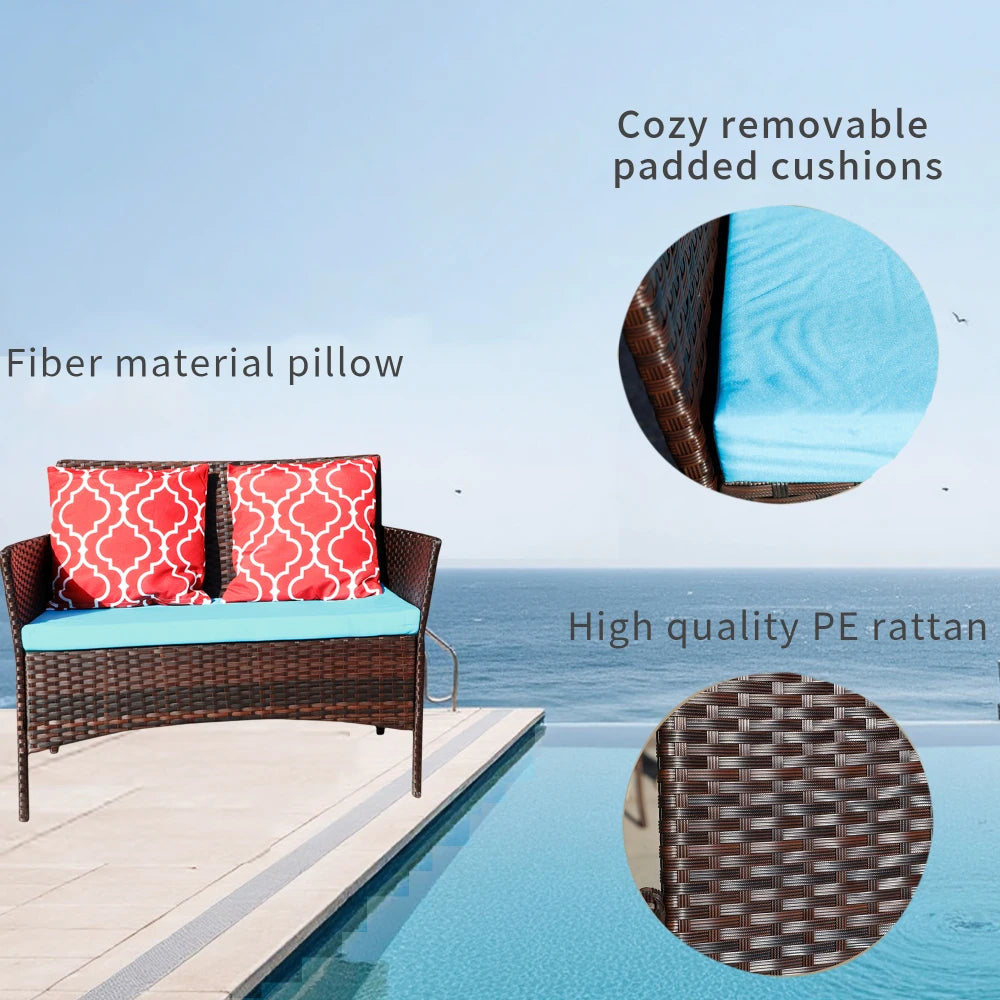 Four-Piece Sofa Set Table With Sofa Chair PE Rattan Outdoor Furniture HY4-001 Box *1 With Emerald Green Color Cushion