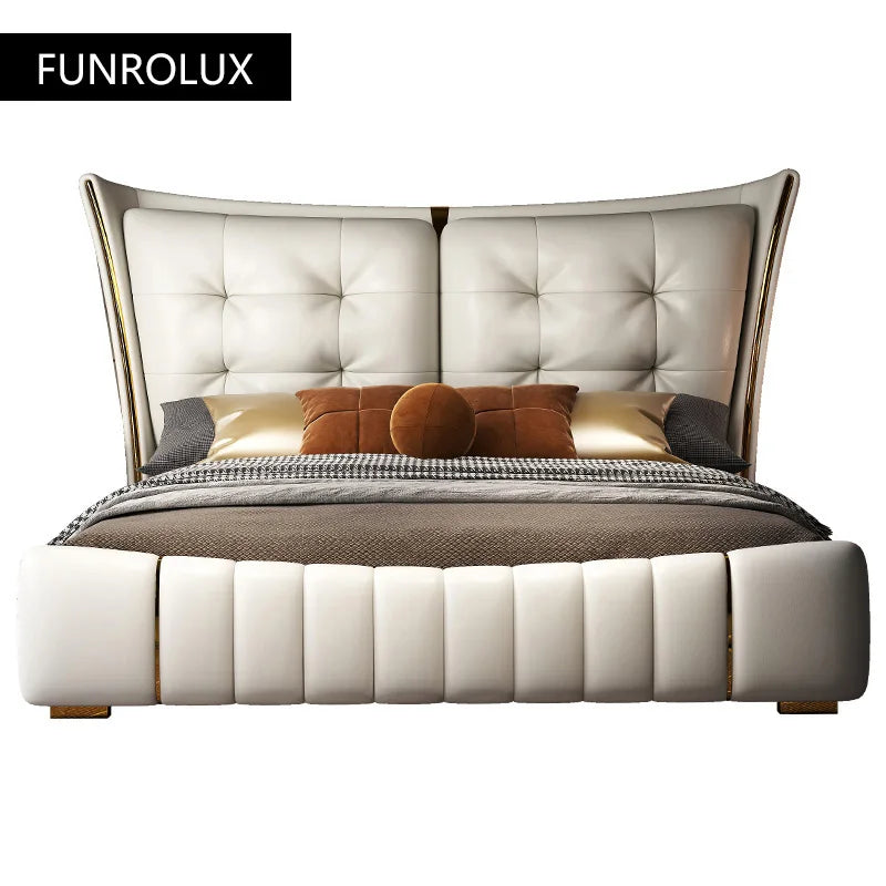 Light Luxury Leather King/Queen Bed Modern Soft Package Bed and Bedside Table for Bedroom Wedding Bed Solid Wood Bed Frame