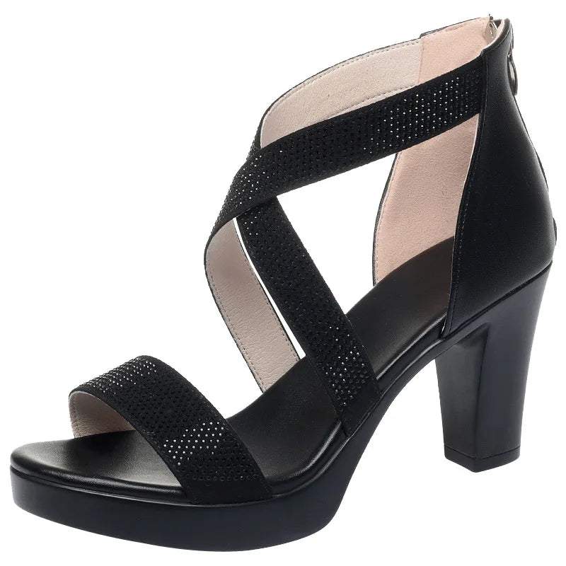 8 cm Woman High Summer Black Rhinestone Glitter Dress Shoes For Soft Leather Platform Wedge Heel Elegant Sandal  Roman Style