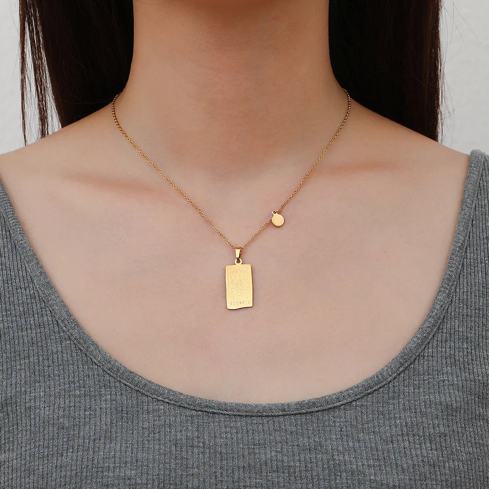 Stainless Steel Square Tarot Card Pendant Women Necklace Twelve Constellations Gold-Plated Clavicle Chain Horoscope Gifts