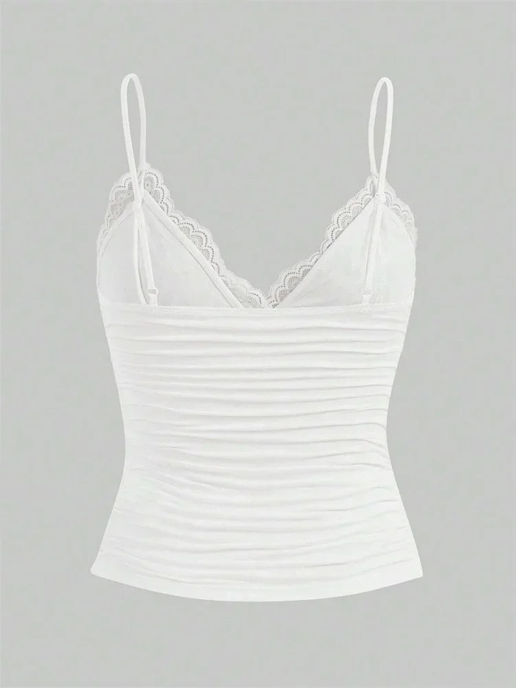 Sexy Contrast Lace Bow Front Crop Cami Top Women 2025 Summer Grunge Punk Y2K Clothes Ruched Skinny Backless Tee Shirt