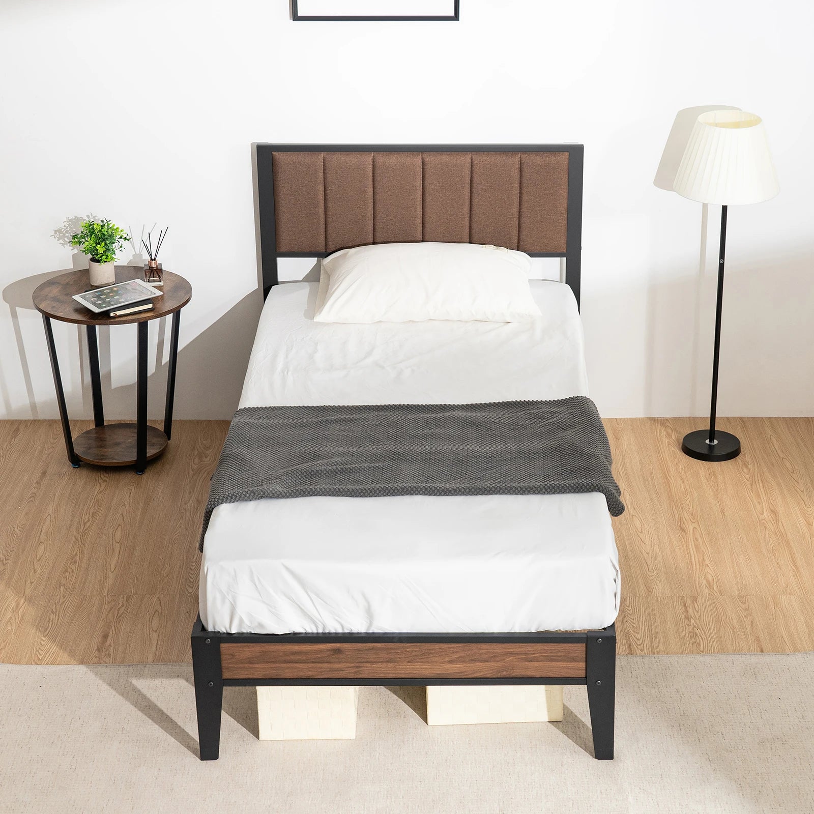 Twin/Full Bed Frame, Headboard Upholstered Bed Frame Platform, All Metal Slats Support Platform Bed Frame with Storage Space