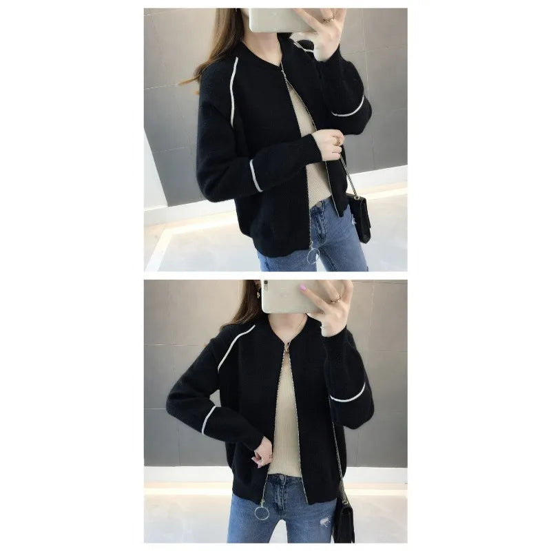 Sweater Jacket for Women Spring Clothes Loose Short Zipper Knitted Cardigan with Thick Top