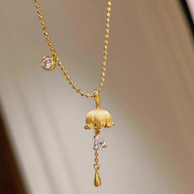Gold Vintage Drop Flash Diamond Lily of the Valley Pendant Temperament Necklace for women