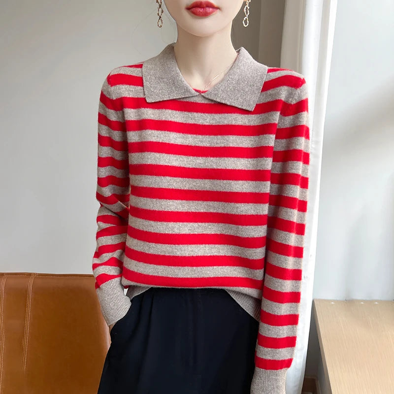 Autumn Winter Woman 100% Merino Wool Sweater POLO Collar Pullover Colorful Stripes Knitwear Bottoming Clothing Long Sleeve Tops