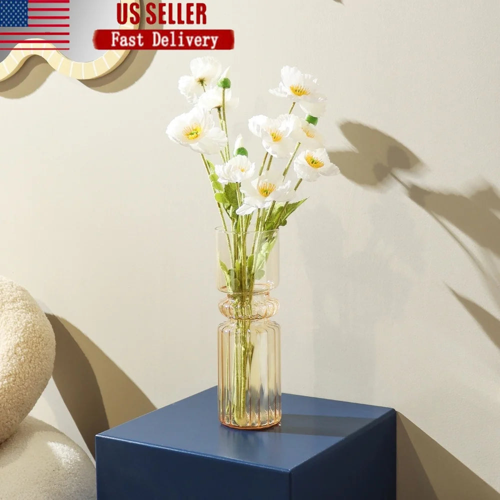 Iridescent Fluted Glass Vase 9.7 Inch Tall Durable Handcrafted Tabletop Centerpiece Home Accent Décor Washable Decorative Vase