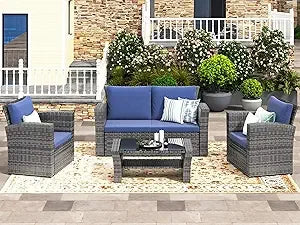 Gray Wicker Outdoor Patio Furniture Set, 4-Piece Conversation Area for Deck, Porch, with Cushioned Sofa Chairs