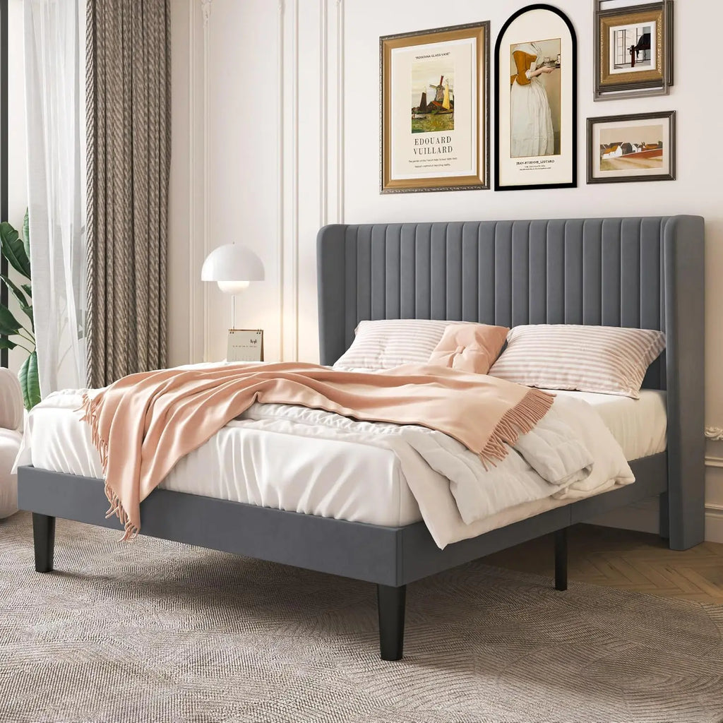 Bed Frame, Full-king Size Velvet Bed Frame with Vertical Channel Tufted Wingback Headboard, No Box Spring Needed, Easy Assembly