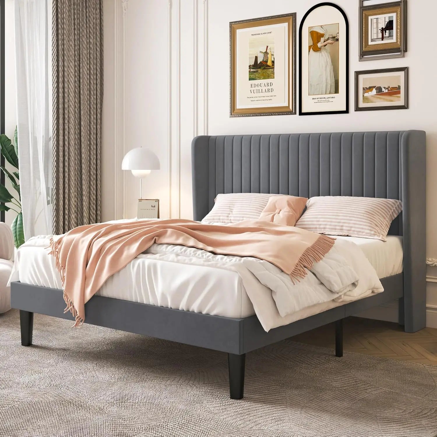 Bed Frame, Full-king Size Velvet Bed Frame with Vertical Channel Tufted Wingback Headboard, No Box Spring Needed, Easy Assembly