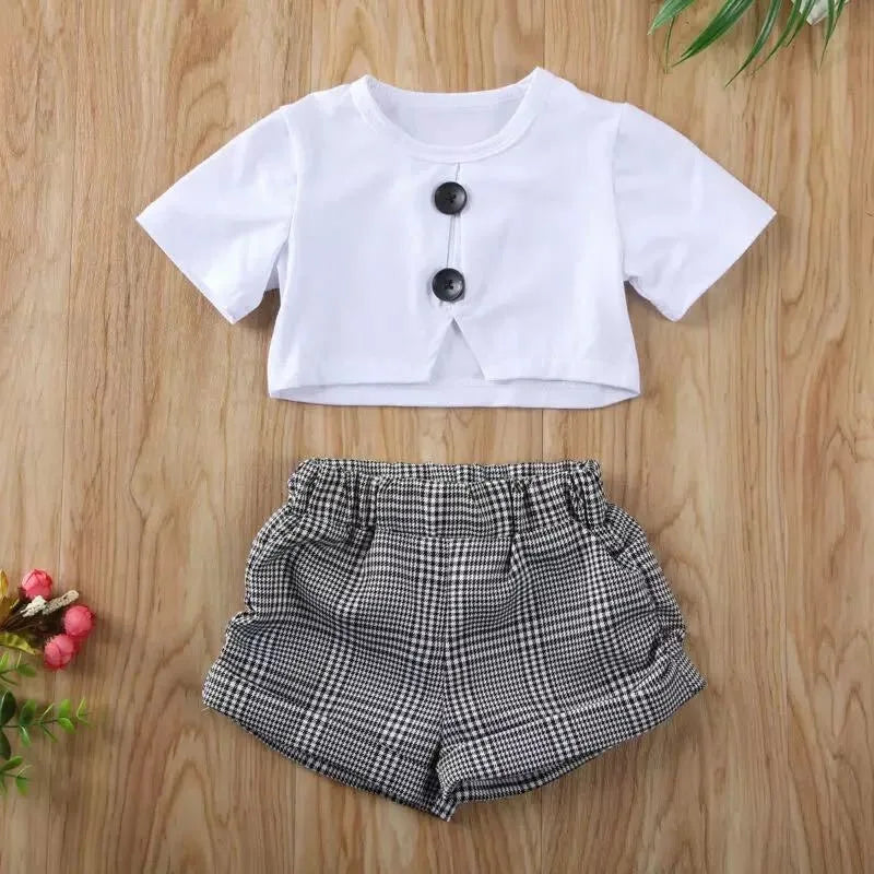Baby Girls Clothes Sets Infant Toddler White Top T-Shirt+Grey Checkered Suit+Short 3PCS Costumes For Girls 2025 Girls Outfit Set