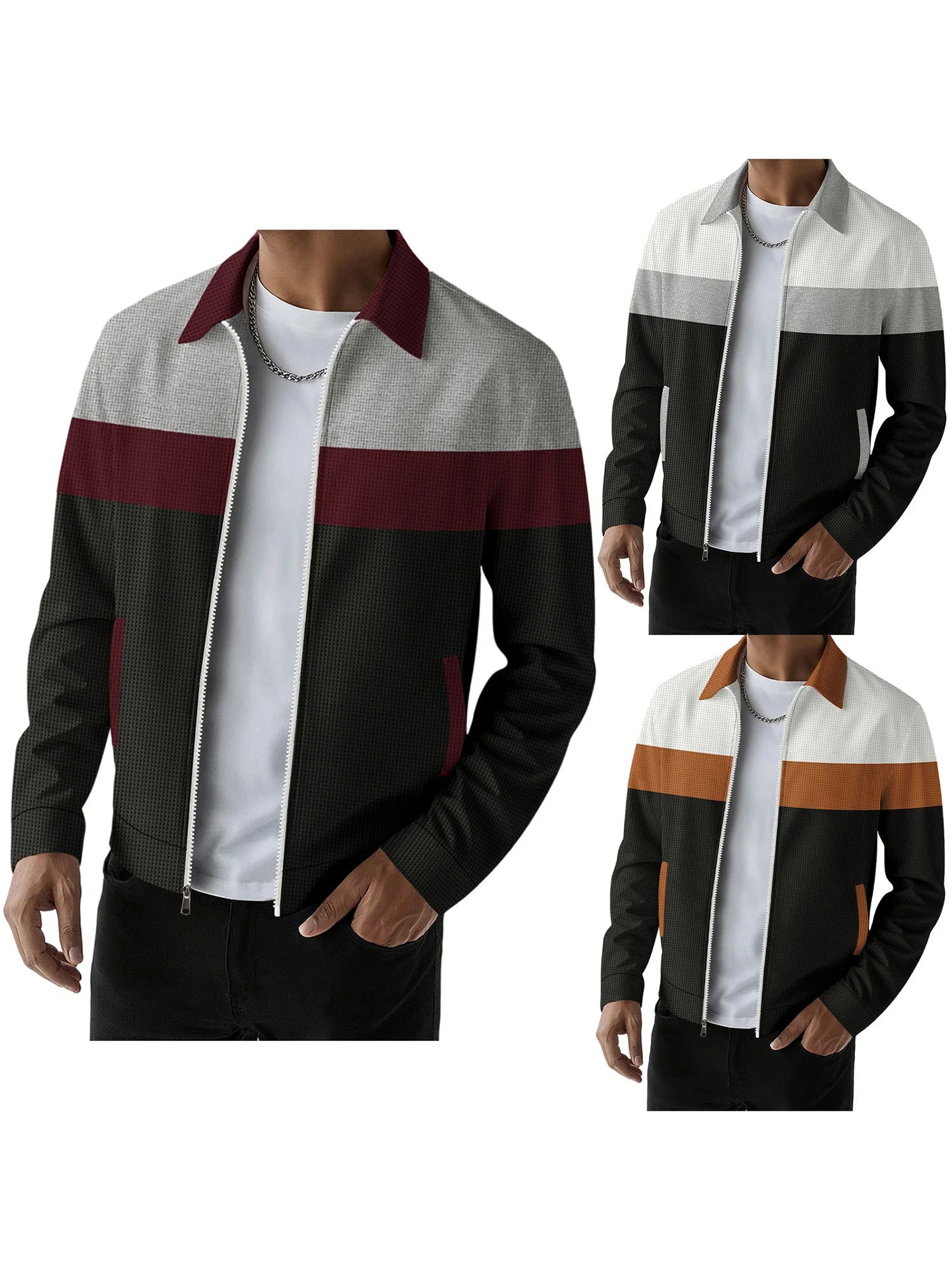Men s Casual Lapel Collar Zip Up Jacket with Patchwork Design Pockets and Stylish Outerwear for Fall Fashion