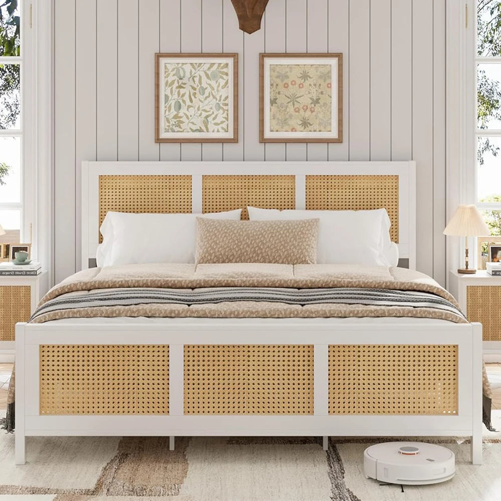Living Room Bed Frame with Headboard, White Boho Cane Platform Bed Frame with Strong Metal Slat Noise Free No Box Spring Needed