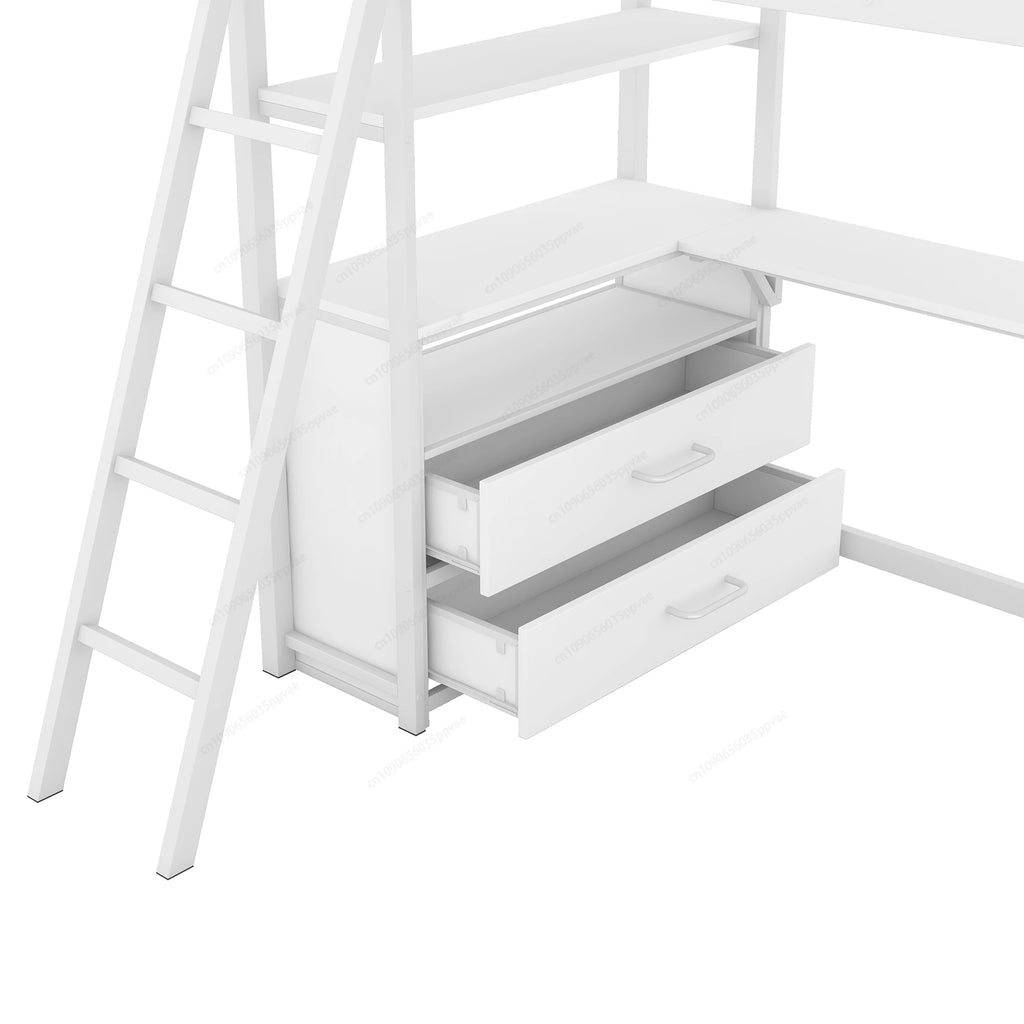 Twin Size Metal&Wood Loft Bed with Desk and Shelves, Two Built-in Drawers,  White ,Blak,Oak Natural Immediate delivery from US