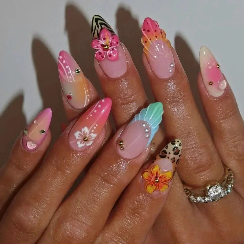 24PCS Summer Colorful Almond False Nail with 3D Flower Beach Paintings Press on Fake Nail Full Cover Wearable Manicure for Women
