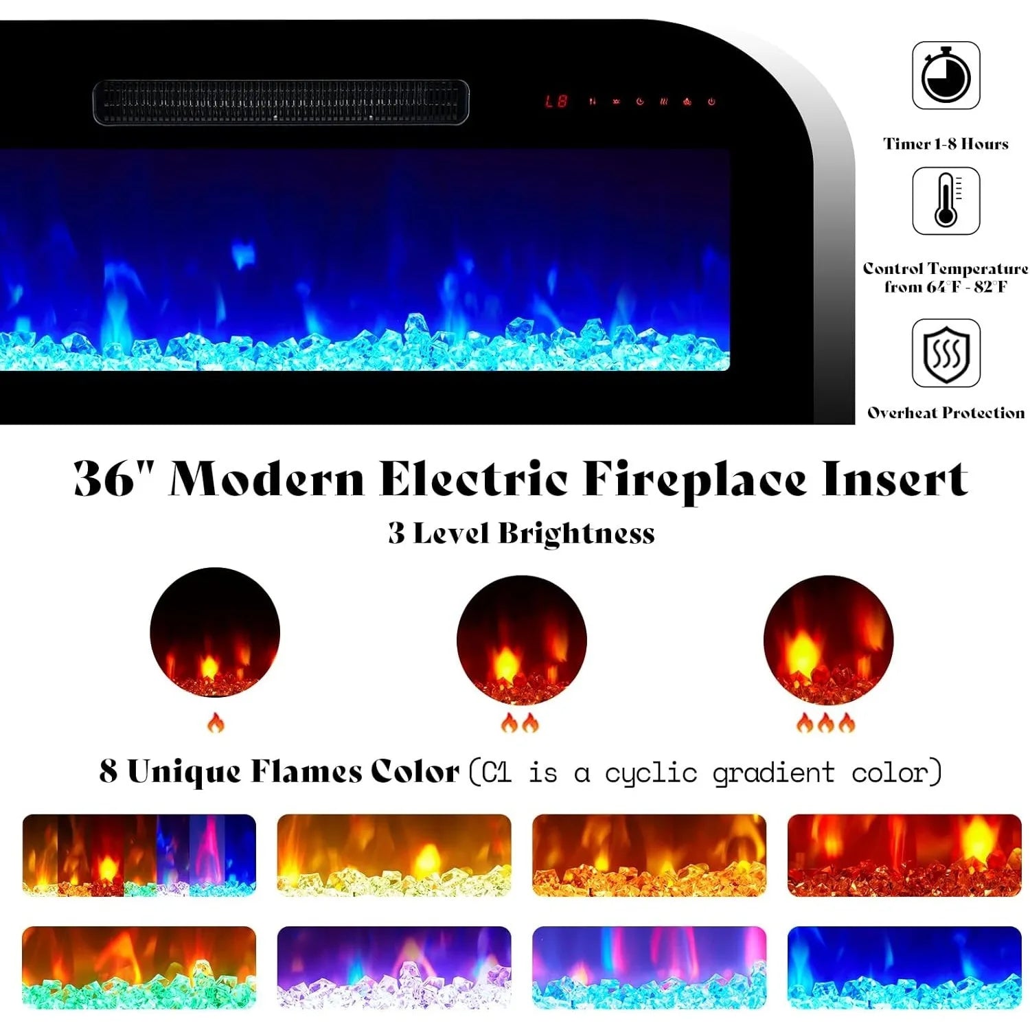 Fireplace TV stand with 36 inch fireplace, 70 inch modern high gloss fireplace, 2-story TV console cabinet, obsidian color