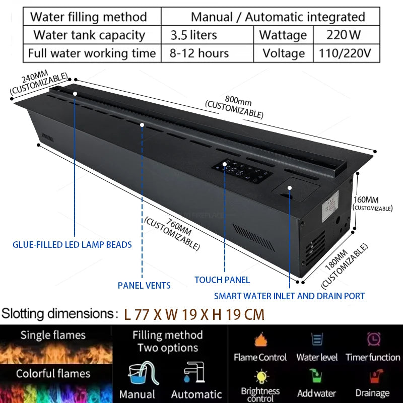 Smart 3D Atomizing Electric Fireplace - Colorful LED Steam Flame, App & Remote Control, Humidifier