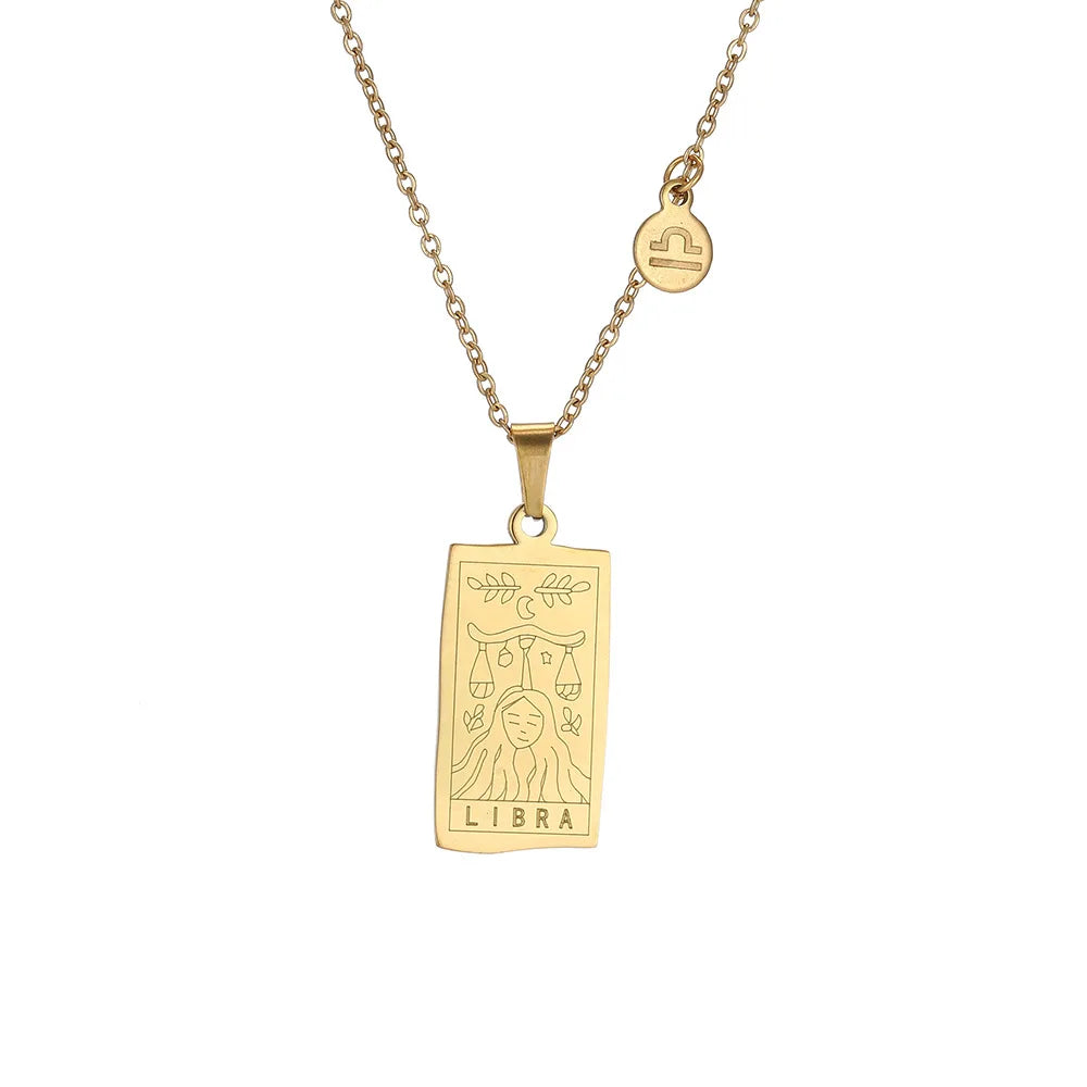 Stainless Steel Square Tarot Card Pendant Women Necklace Twelve Constellations Gold-Plated Clavicle Chain Horoscope Gifts
