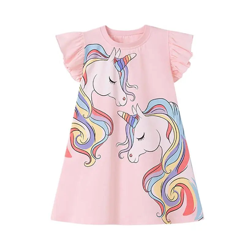 Baby Girls 2025 New Summer Kids Clothes Children's Clothing Cotton Cartoon Unicorns Pink Dresses Holiday Gifts