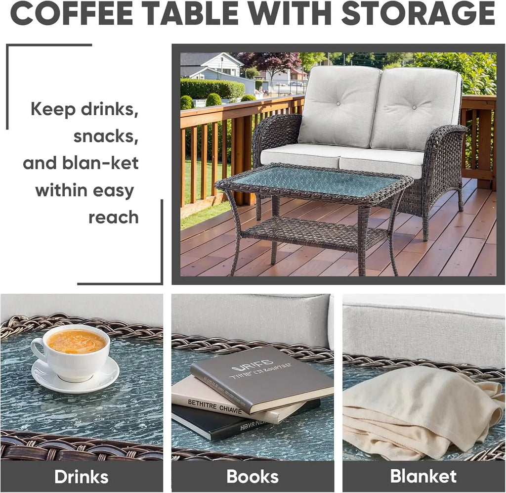 Outdoor Loveseat Sofa 2-Seat PE Wicker Outdoor Couch with Coffee Table, Deep Seat High Back Patio Furniture for Patio, Garden, P