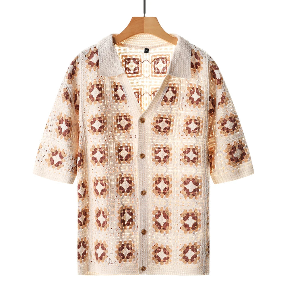 Men's Short Sleeve Summer Fashion Mesh Cardigan Lapel Top Printing Soft Breathable Light Polo Knitwear Men US Size