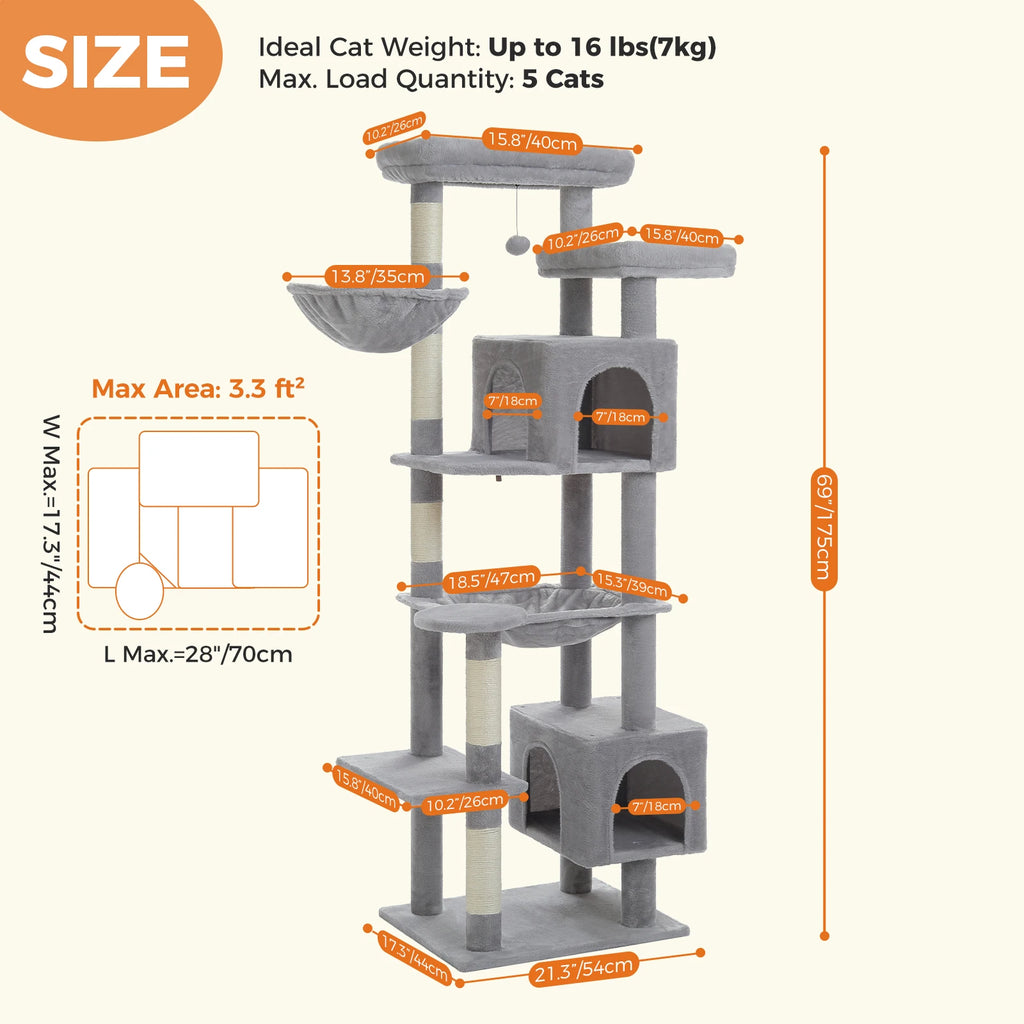 Large Cat Tree for Indoor Large Adult Cats, Multi-Level Cat Tower with Scratching Posts Super Large Hammock Cozy Condo Top Perch