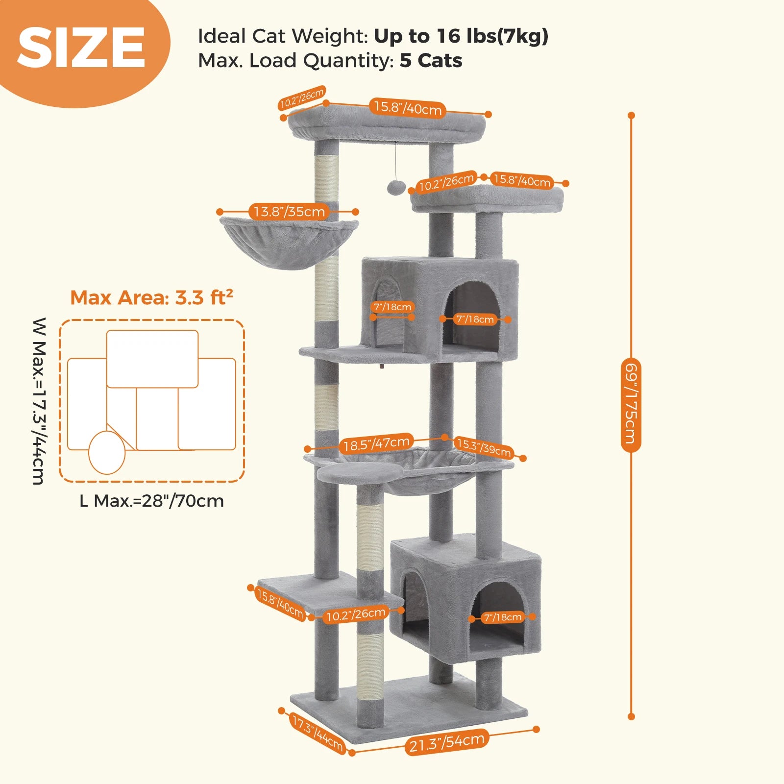 Large Cat Tree for Indoor Large Adult Cats, Multi-Level Cat Tower with Scratching Posts Super Large Hammock Cozy Condo Top Perch