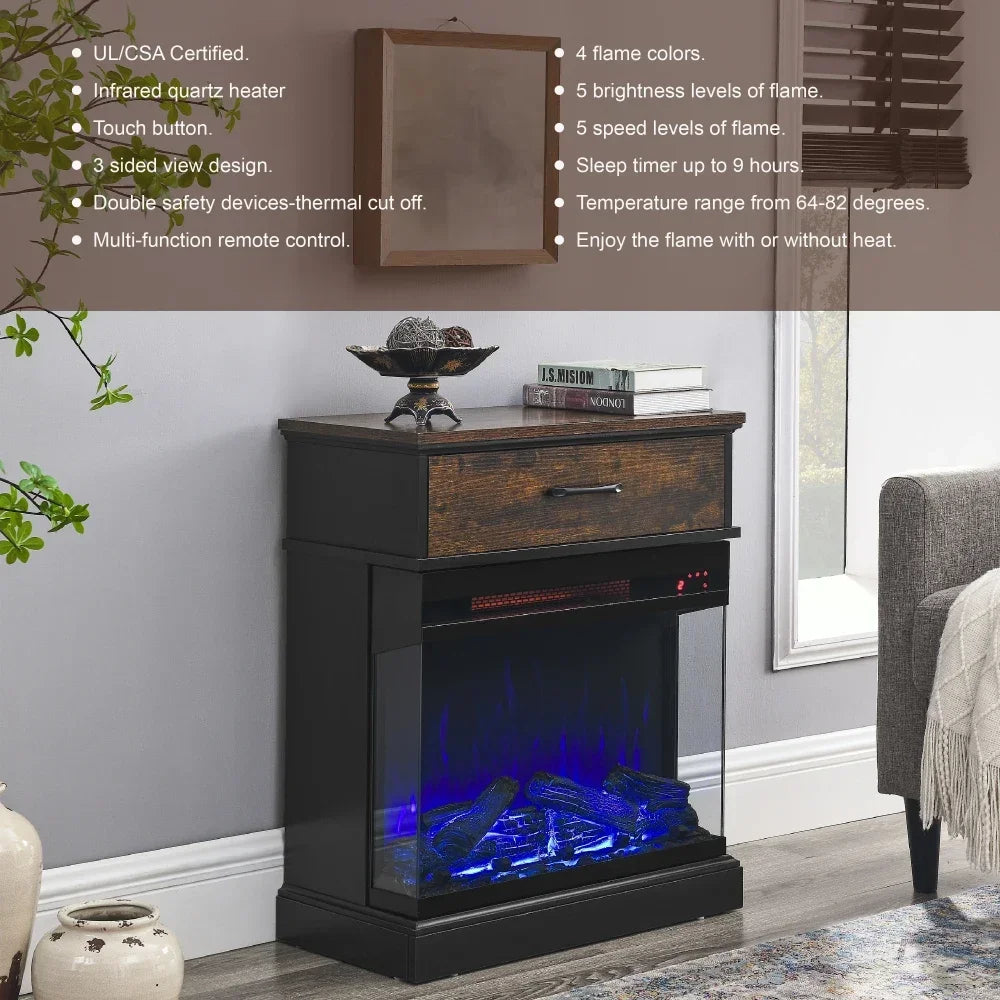 25 inch Stand Side Table with 3-Sided glass Electric Fireplace 4 PCS TOOL SETS Electric Fireplace Wall Mounted and Recessed with