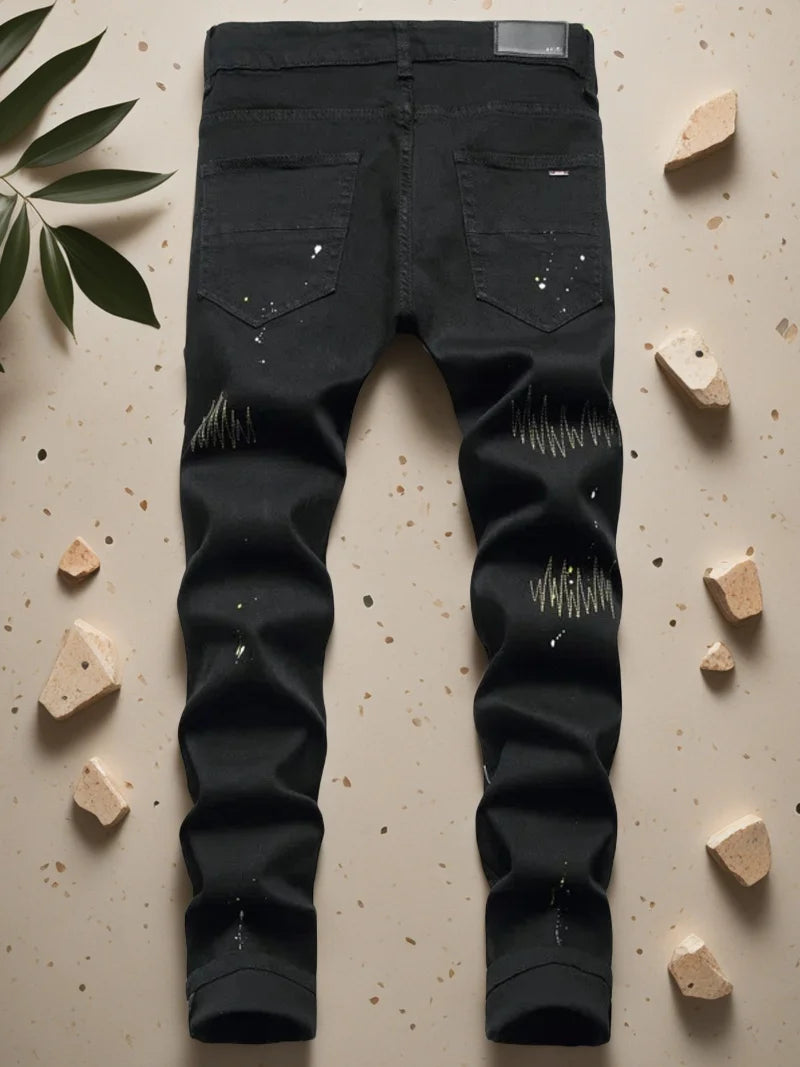 Men's Ripped Jeans Casual Print Slim Stretch Embroidered Jeans Skinny Denim Black Foot Wash Jeans