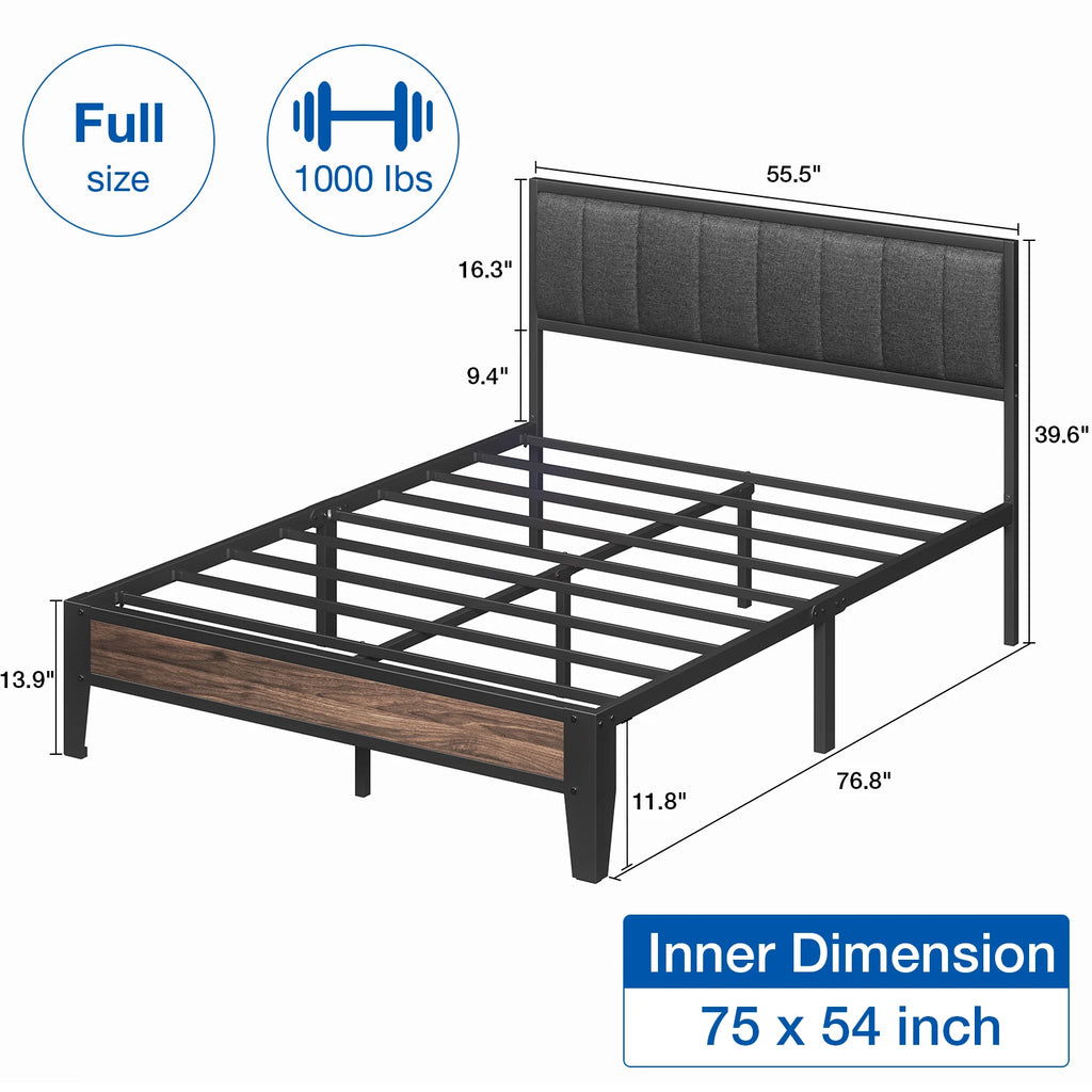 Twin/Full Bed Frame, Headboard Upholstered Bed Frame Platform, All Metal Slats Support Platform Bed Frame with Storage Space