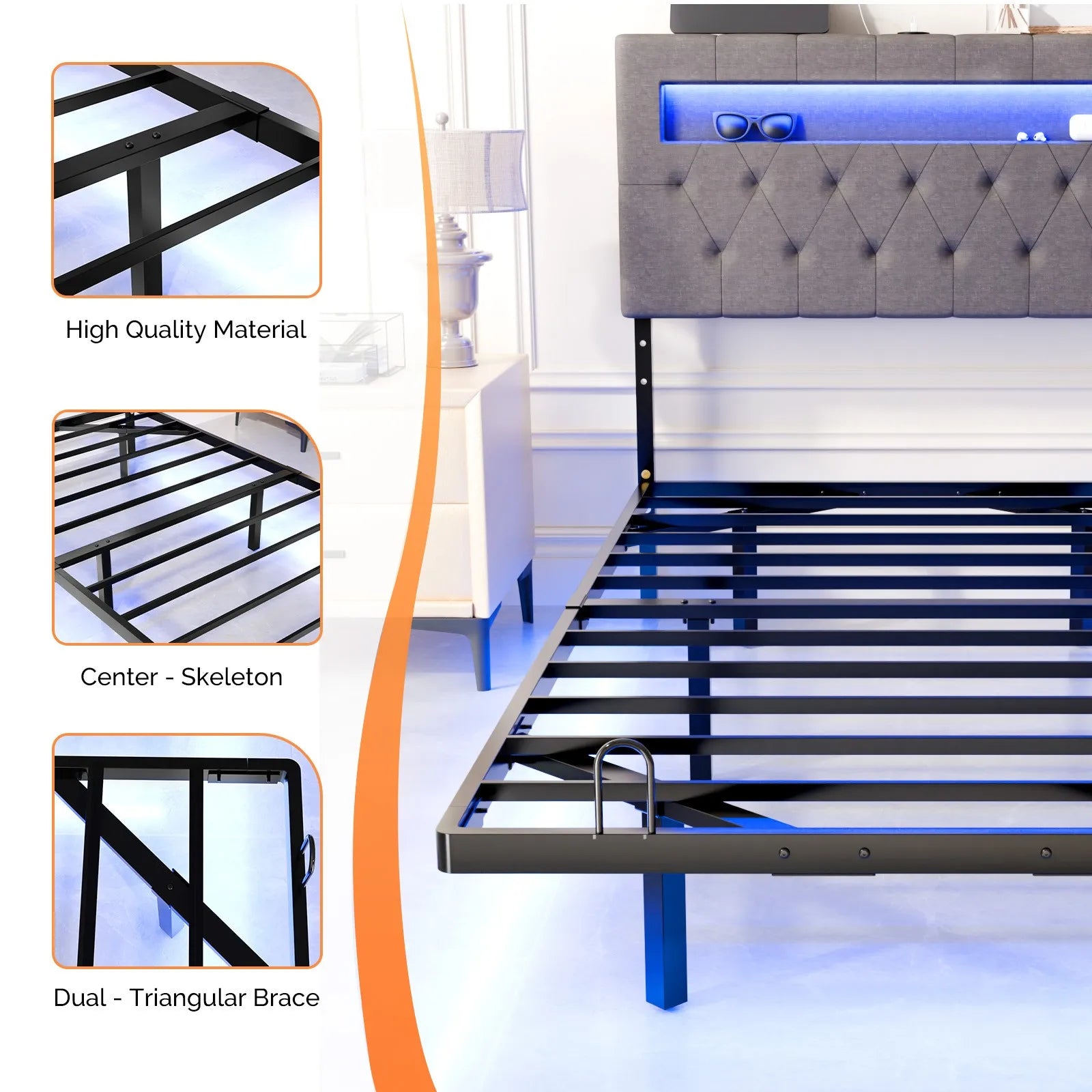 Twin Floating Bed Frame with Upholstered Headboard Charging Station/LED Lights