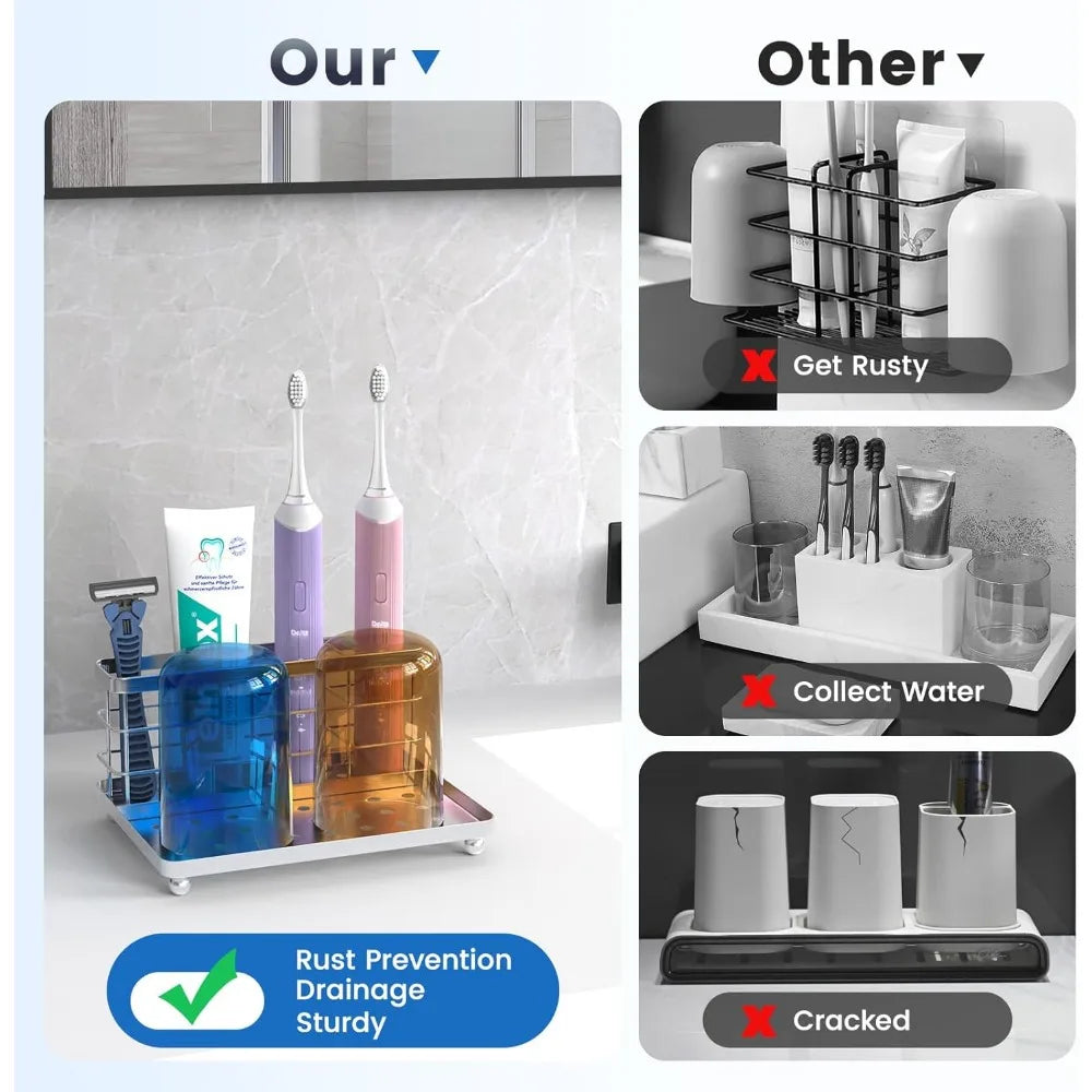 Toothbrush Holders for Bathroom, Toothbrush Holder with Tray, Stainless Steel Holder for Toothbrush Toothpaste, Tooth Brushing