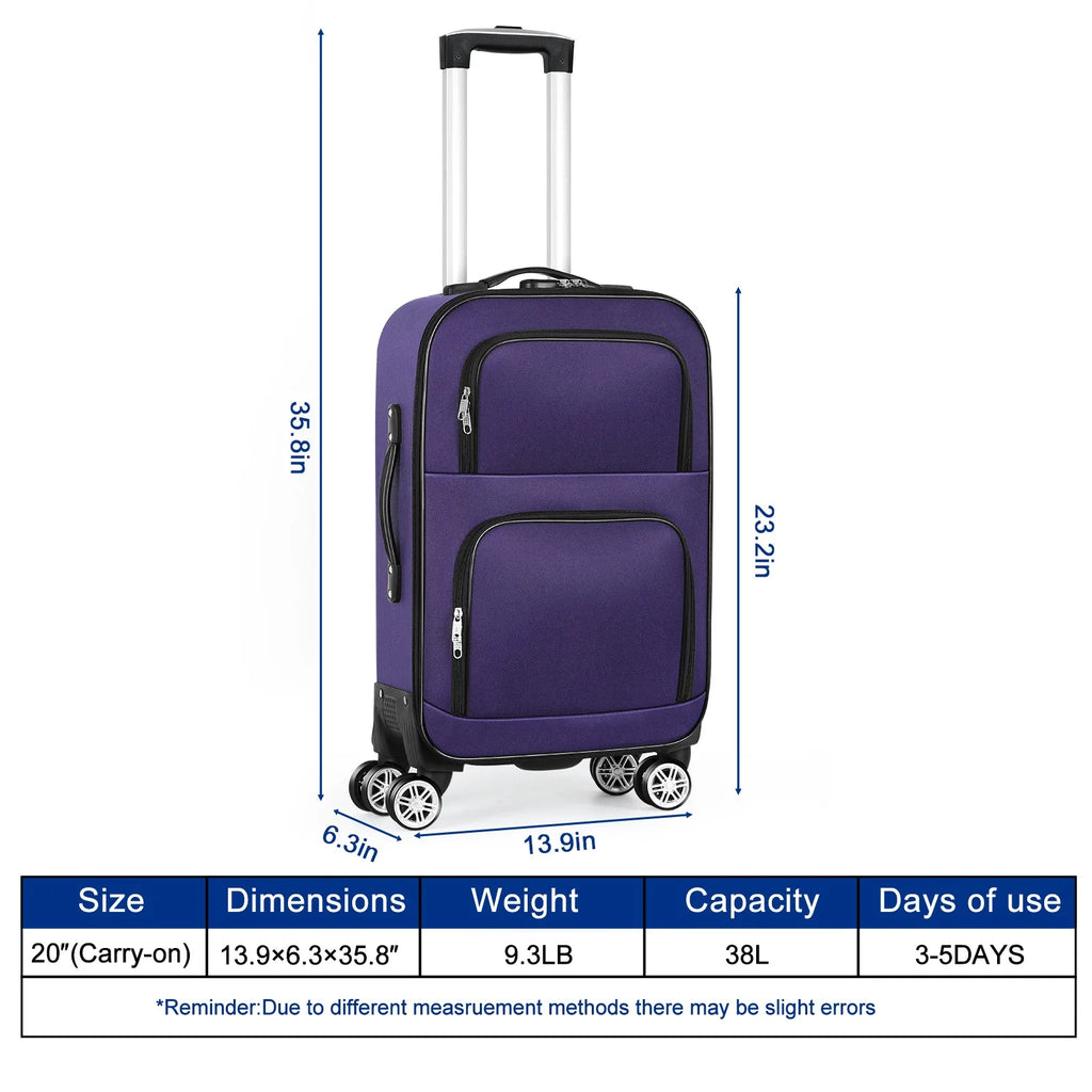 Soft edged travel 20 inch lightweight luggage with rotating wheels, Oxford fabric suitcase with small diagonal fabric