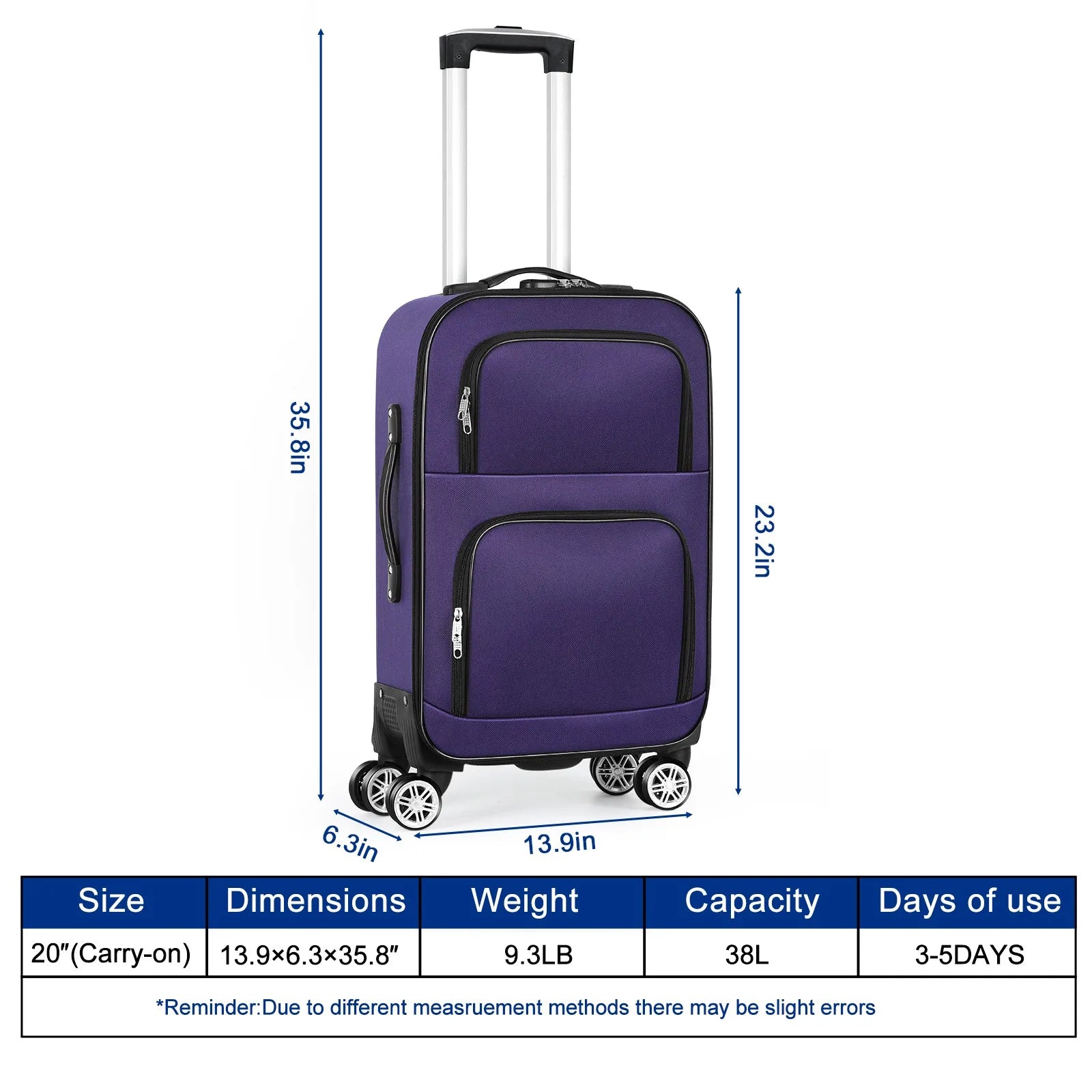 Soft edged travel 20 inch lightweight luggage with rotating wheels, Oxford fabric suitcase with small diagonal fabric