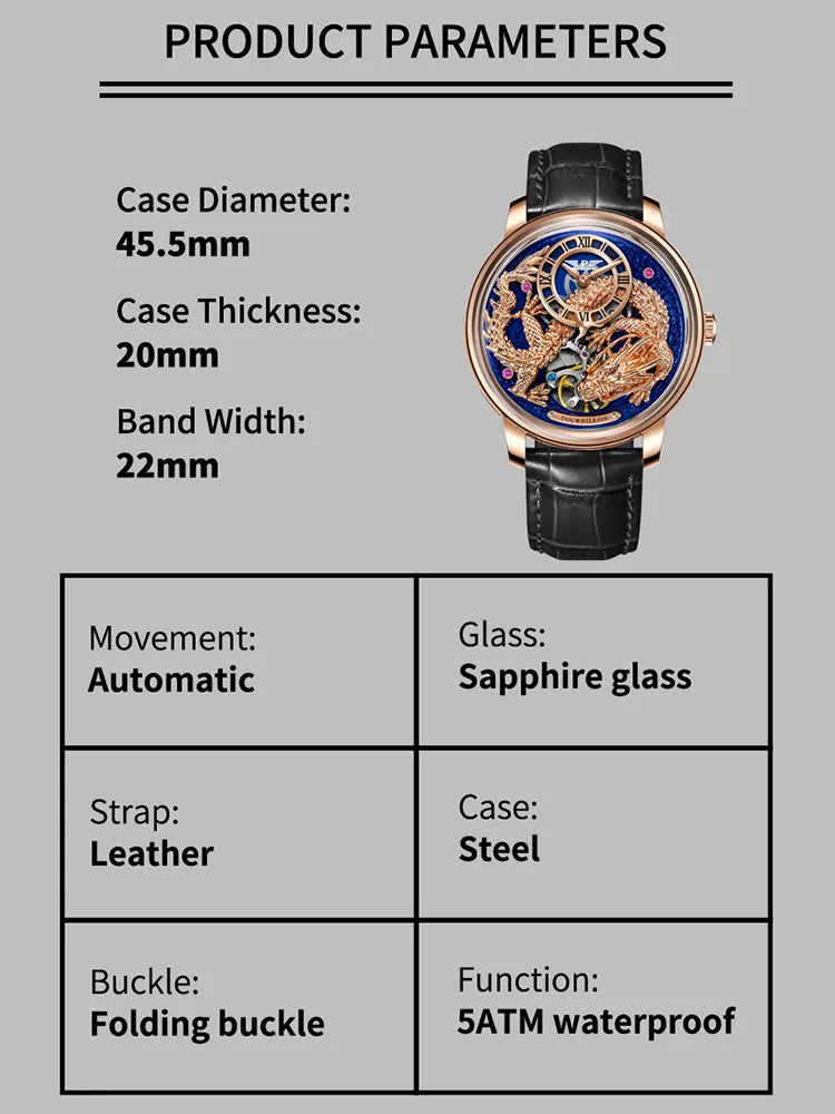 PINDU Design Wristwatches Original Dragon Theme Mechanical Watches Men Celestial Series Curved Mirror Transparent Design Watch