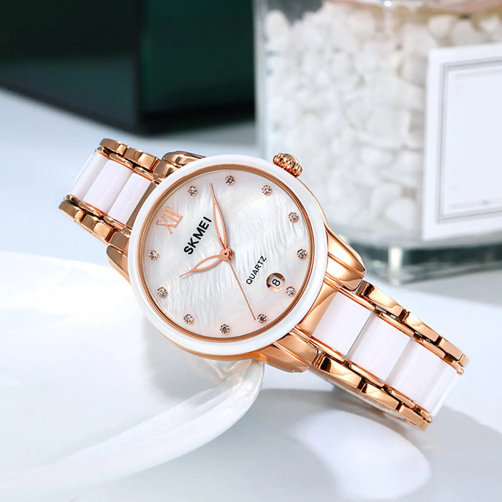 Women Quartz Watch Rhinestone Decoration Ceramic Stainless Steel Band Water Resistant Portable Wrist Watch with Date Rose Gold