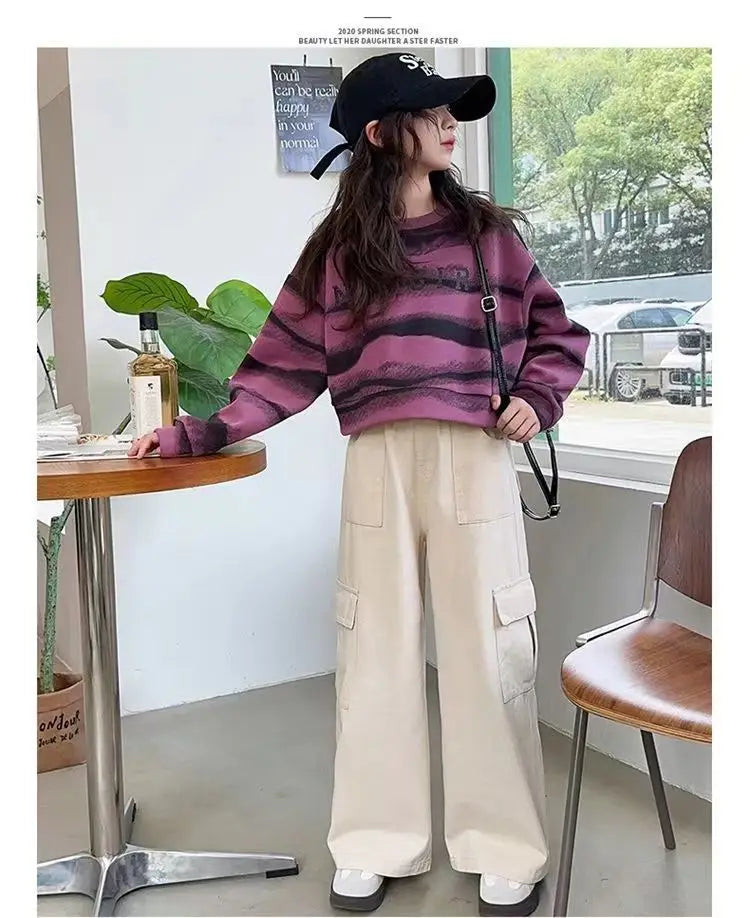 2025 autumn spring Girls clothes Sweatshirt Kids teens dress top Child striped letters hooded tracksuit 4 6 7 8 9 10 11 12 year