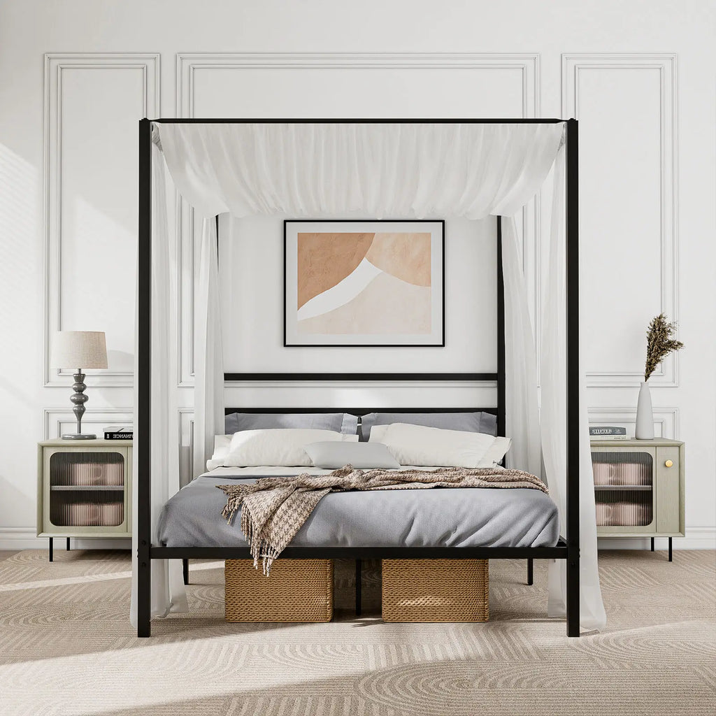 Queen Size Canopy Bed Frame with Headboard Bed Metal Slat No Box Spring Needed
