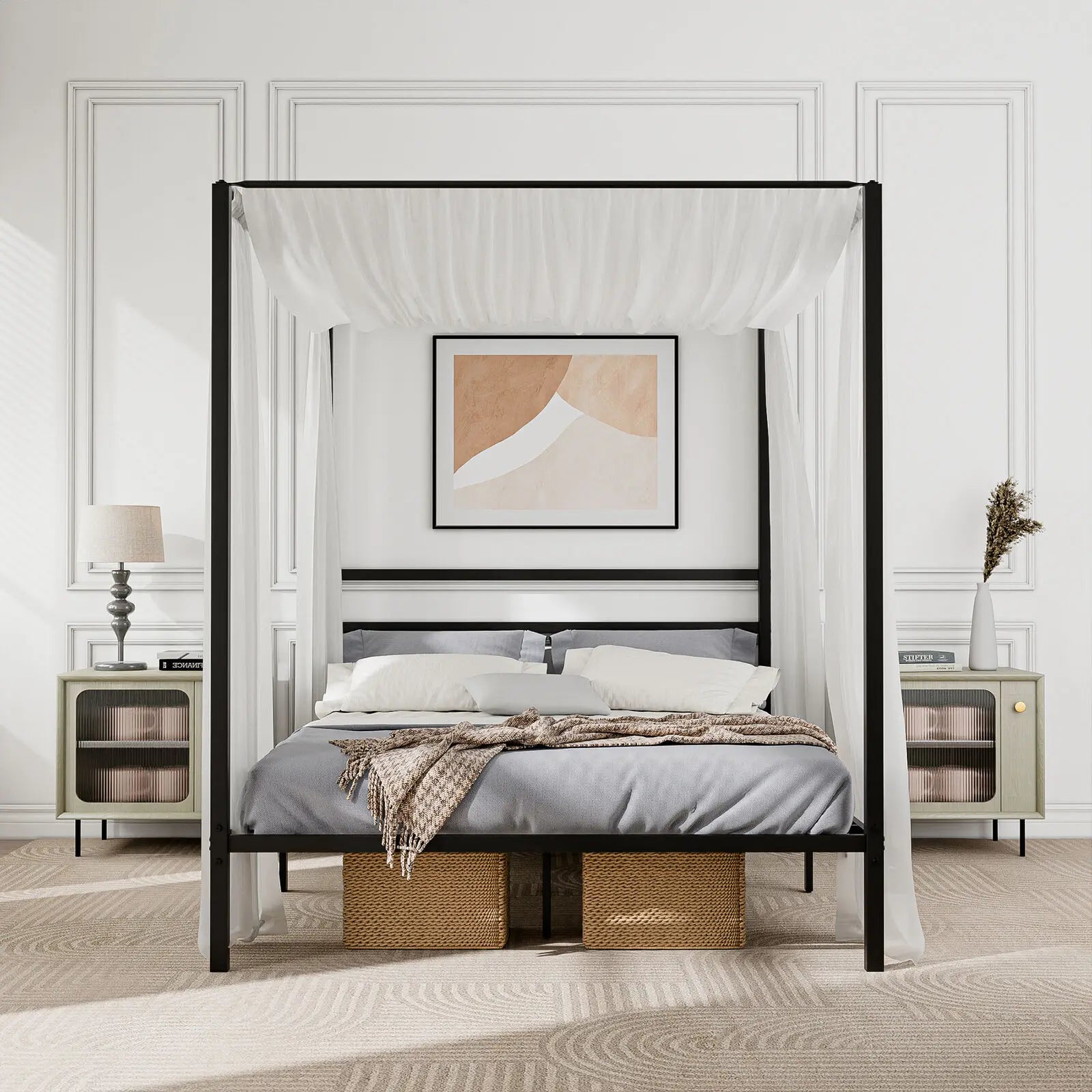 Queen Size Canopy Bed Frame with Headboard Bed Metal Slat No Box Spring Needed